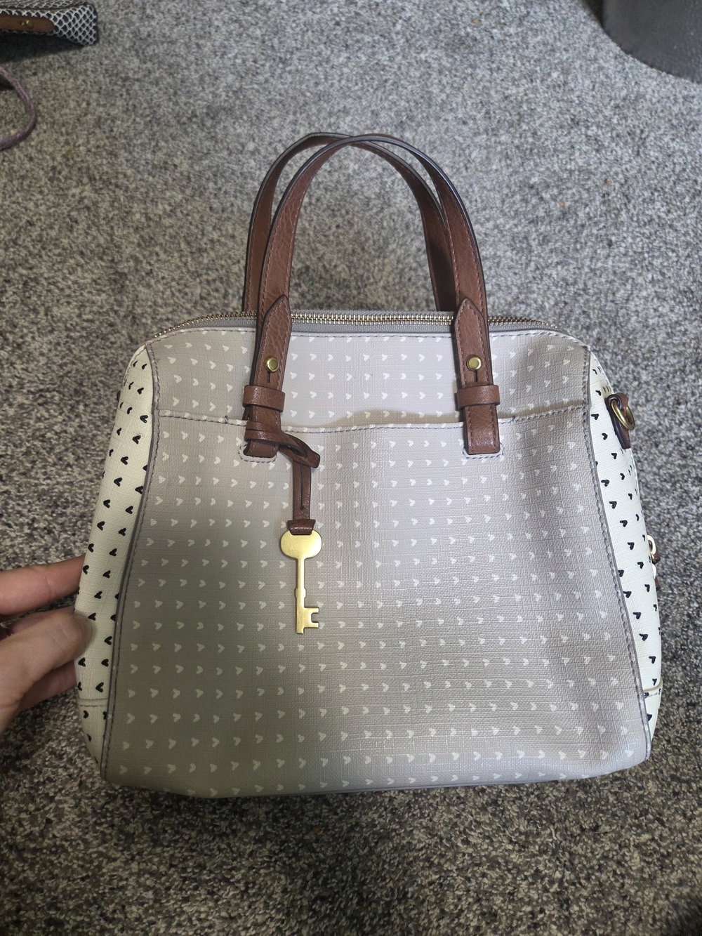 Fossil Gray and White Heart Accent Satchel with Brown Handles